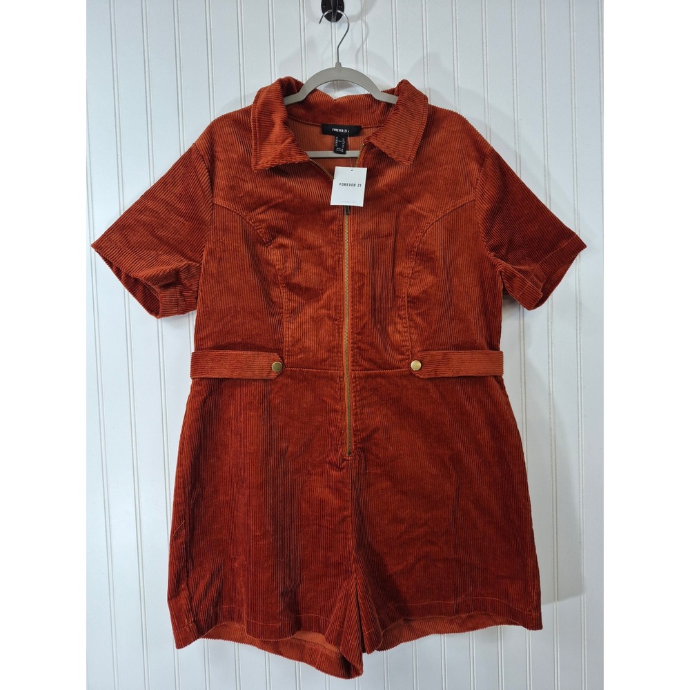 NWT Forever 21 Plus Size 2XL Rust Orange Corduroy Zip Front Short Sleeve Romper